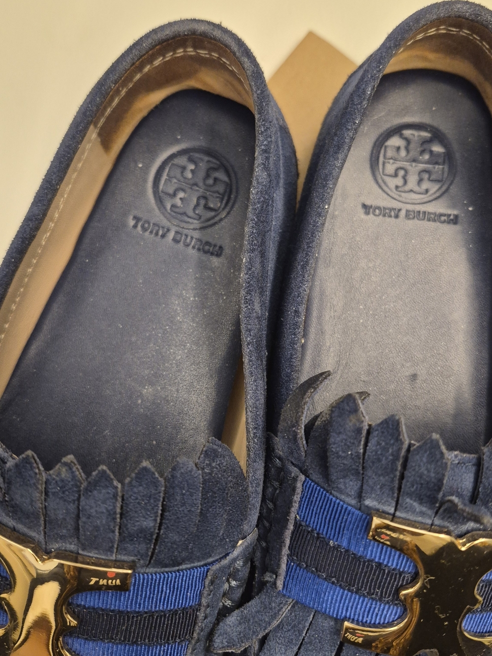 Tory Burch Navy Suede Fringe Loafers with Gold Hardware - Picture 4 of 4